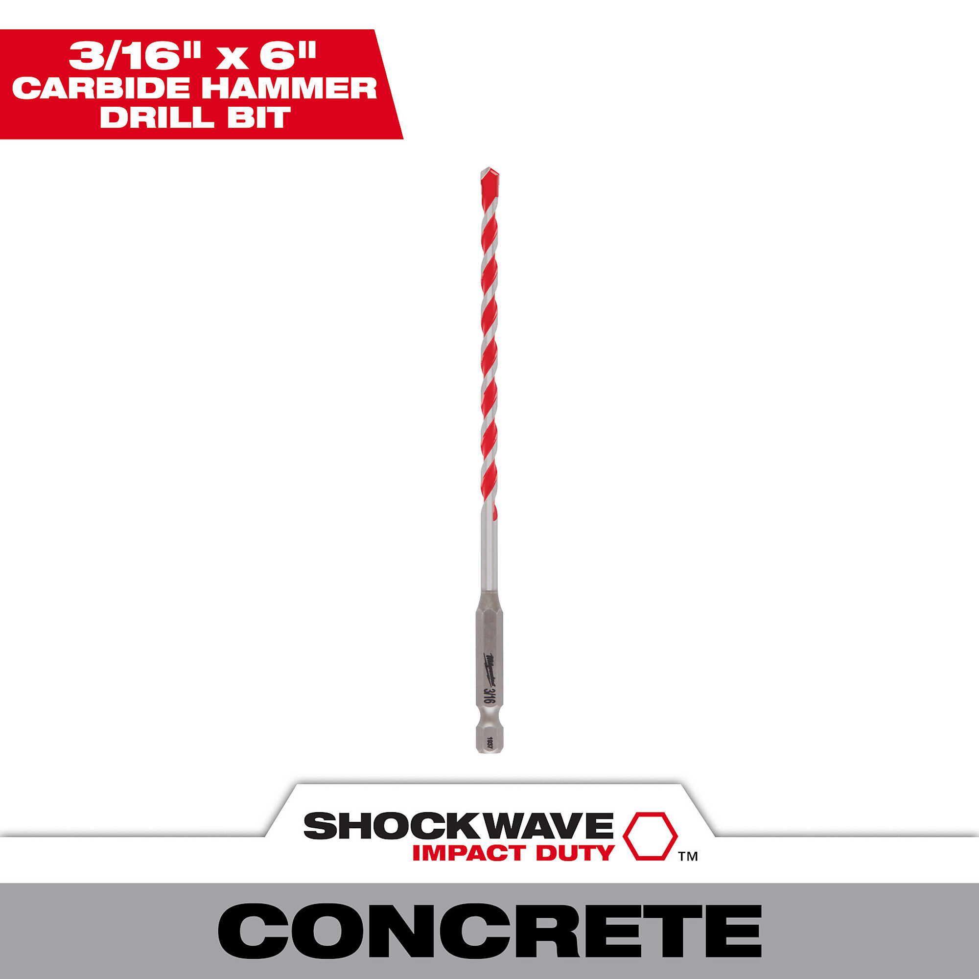 Milwaukee Shockwave Carbide Hammer Drill Bit, 3/16in. x 4in. x 6in., Model# 48-20-9006